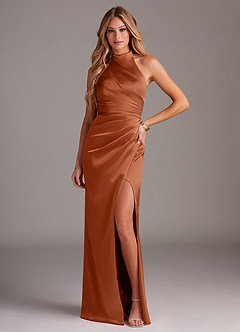 Azazie Jemma Bridesmaid Dresses Copper Sheath Pleated Stretch Satin Dress image1