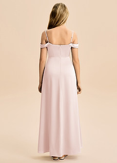 Azazie Lettie Junior Vestido Rosa Corado de Cetim elástico de Linha A com Fora do ombro image3