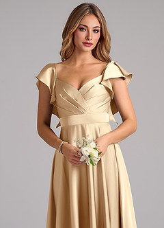 Azazie Leilani Bridesmaid Dresses Champagne A-Line Ruched Stretch Satin Dress image5