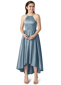 Azazie Jemima Junior Dusty Blue A-Line with Pockets Stretch Satin Dress image4
