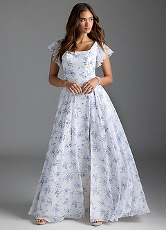 Azazie Bondi Bridesmaid Dresses Blue Cottage Floral A-Line Ruffled Chiffon Dress image2