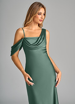 Azazie Celina Bridesmaid Dresses Eucalyptus Sheath Off the Shoulder Stretch Satin Dress image7