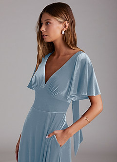 Azazie Kimber Bridesmaid Dresses Dusty Blue A-Line with Pockets Velvet Dress image6