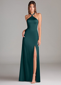 Azazie Elliana Bridesmaid Dresses Pine A-Line Side Slit Stretch Satin Dress image4