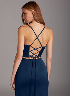 Azazie Brookelle Bridesmaid Dresses Dark Navy Sheath Sweetheart Corset Stretch Satin Dress image6