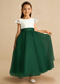 Azazie Pookie Flower Girl Dresses Dark Green A-Line Lace Tulle Dress image4