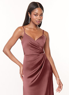 Azazie Maci Bridesmaid Dresses Amethyst A-Line V-Neck Pleated Stretch Satin Dress image5