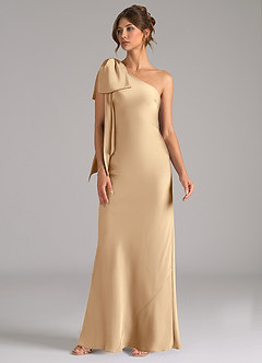 Azazie Capri Bridesmaid Dresses Champagne Mermaid One Shoulder Stretch Satin Dress image4