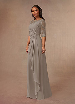 Azazie Dionysus Mother of the Bride Dresses Taupe A-Line Boatneck Lace Chiffon Dress image2
