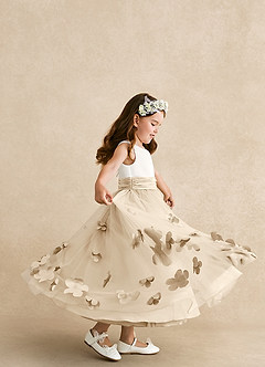 Azazie Vi Flower Girl Dresses Champagne A-Line Sleeveless Tulle Dress image2
