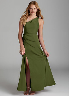 Azazie Maron Junior Olive A-Line Pleated Stretch Satin Dress image1
