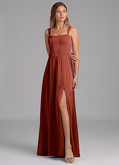 Azazie Rosaline Bridesmaid Dresses Terracotta A-Line Side Slit Stretch Satin Dress image4