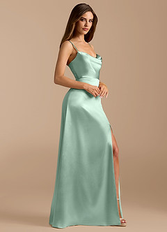 Azazie Erma Bridesmaid Dresses Agave A-Line Side Slit Metallic Satin Dress image6