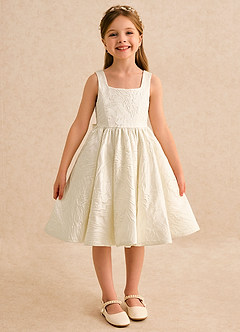 Azazie Honeybun Blumenmädchenkleider A-Linie Schleifen Blumen-Jacquard Kleid Antikweiß image2