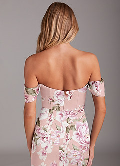 Azazie Saige Bridesmaid Dresses Rosy Floral Bloom Sheath Off the Shoulder Stretch Satin Dress image9