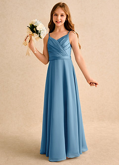 Azazie Umina Girls Formal Flower Girl Dresses Steel Blue A-Line Pleated Matte Satin Dress image3