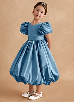 Azazie Jellybean Flower Girl Dresses Steel Blue Ball-Gown Ruched Matte Satin Dress image4