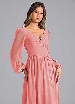 Azazie Zeya Bridesmaid Dresses Coral A-Line Long Sleeve Chiffon Dress image5