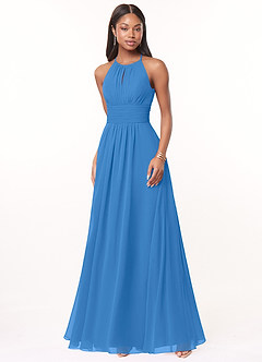 Azazie Bonnie Vestidos de damas de honor Vestido de Azul Grisaceo de Gasa de Corte en A con Cuello de pico fruncido image1