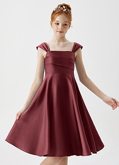 Azazie Amira Junior Merlot A-Line Pleated Stretch Satin Dress image3
