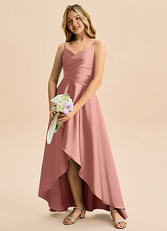 Azazie Eirlys Junior A-Linie Plissee Stretch-Satin Kleid Rosettenrosa image4