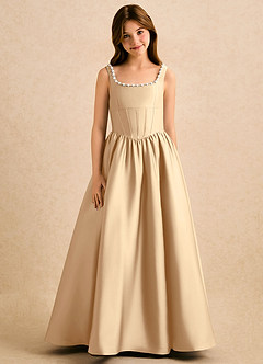 Azazie Enid Girls Formal Flower Girl Dresses Champagne A-Line Beaded Stretch Satin Dress image5