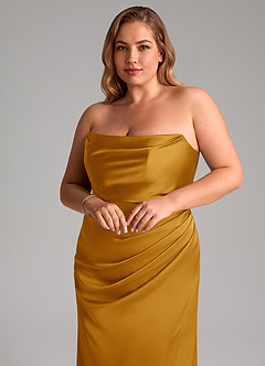 Azazie Leonis Bridesmaid Dresses Butterscotch Mermaid Pleated Stretch Satin Convertible Dress image11