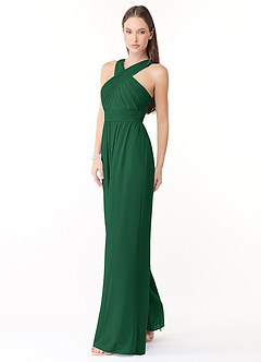 Azazie Berdie Bridesmaid Dresses Dark Green Halter Chiffon Jumpsuit image3