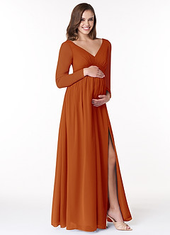 Azazie Teton Maternity Bridesmaid Dresses A-Line Long Sleeve Chiffon Floor-Length Dress image4