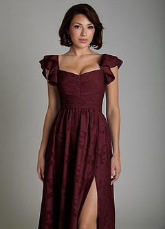 Azazie Anaya Bridesmaid Dresses Cabernet A-Line Ruched Floral Burnout Dress image3
