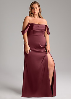 Azazie Saige Bridesmaid Dresses Merlot Sheath Off the Shoulder Stretch Satin Dress image13