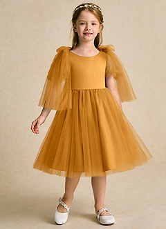 Azazie Duchess Flower Girl Dresses Butterscotch A-Line with Sleeves Tulle Dress image3