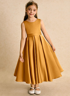 Azazie Junebuj Flower Girl Dresses Butterscotch Ball-Gown Pleated Matte Satin Dress image6