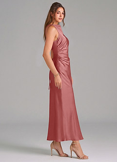 Azazie Evadne Vestidos de damas de honor Vestido de Rosa Antigua de Satén Elástico de Corte Recto con Plisado image4