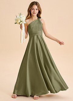 Azazie Charlize Junior Pistachio A-Line Pleated Stretch Satin Dress image1