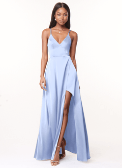 Azazie Maksim Brautjungfernkleider A-Linie V-Hals Stretch-Satin Kleid Eis image1