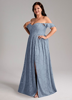 Azazie Denisse At-home Try On Dresses Dusty Blue A-Line Ruched Floral Burnout Dress image11