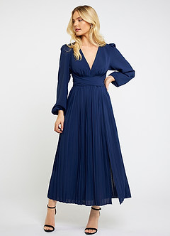 Aniak Navy Blue Long Sleeve Pleated Midi Dress image4