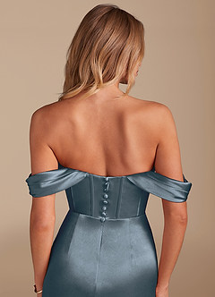 Azazie Asha Jurken voor bruidsmeisjes Jurk van Metaalachtig Satijn met Kolom Off the Shoulder Schemering image6