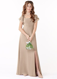 Azazie Bondi Junior Taupe A-Line Bow Chiffon Dress image1