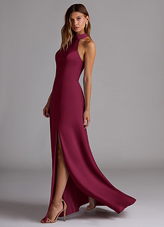 Azazie Myra Robes de demoiselle d'honneur Robe Trapèze en Satin extensible Col haut Bourgogne image5
