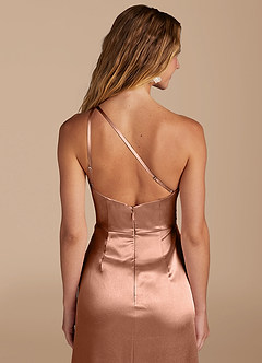 Azazie Mika Brautjungfernkleider Etui One-Shoulder Metallischer Satin Kleid Bronzer image2