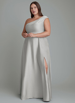 Azazie Melanie Jurken voor bruidsmeisjes Jurk van Stretch Satijn met A-lijn Off-shoulder Zilver image7