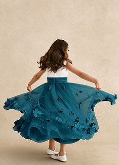 Azazie Vi Vestidos de florista Vestido Tinta Azul de Tule de Linha A com Sem mangas image3