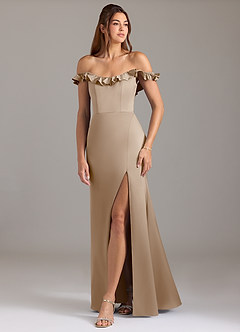 Azazie Callie Bridesmaid Dresses Taupe A-Line Ruched Stretch Satin Convertible Dress image5