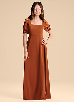 Azazie Briar Junior Cinnamon A-Line Bow Stretch Satin Dress image3