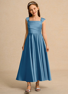 Azazie Bundle Girls Formal Flower Girl Dresses Steel Blue A-Line Pleated Matte Satin Dress image1