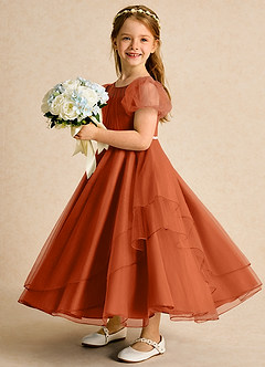 Azazie Duckie vestidos de niña de las flores Vestido de Naranja Quemada de Tul de Princesa con Plisado image4