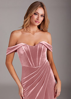 Azazie Jas Bridesmaid Dresses Dusty Rose Sheath Off-The-Shoulder Corset Velvet Convertible Dress image5