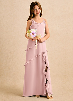 Azazie Lola Girls Formal Blumenmädchenkleider A-Linie Gestreift Chiffon Kleid Puderrosa image4